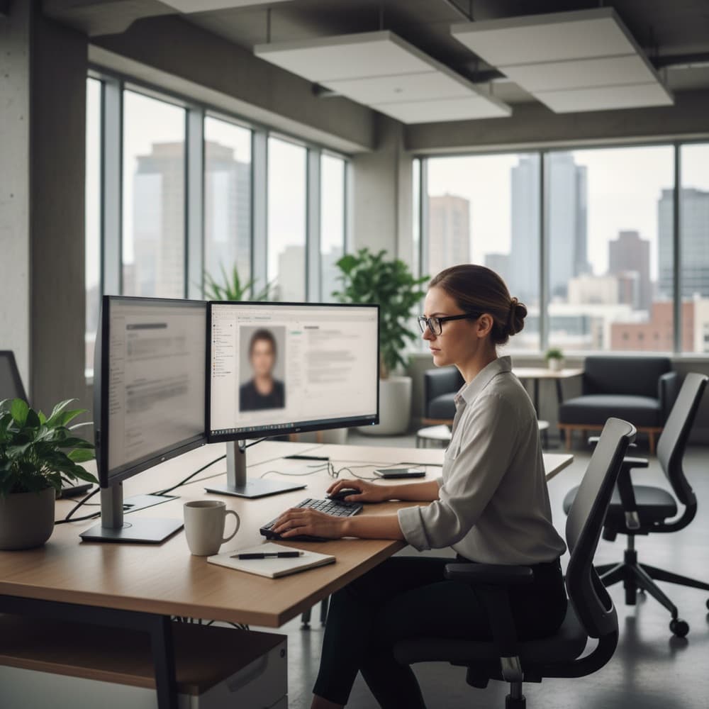 Background screening analyst at two monitors