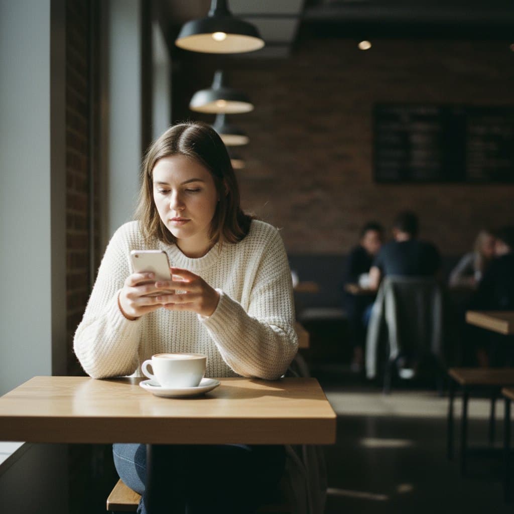 A young woman at a cafe table checking her phone before meeting a date