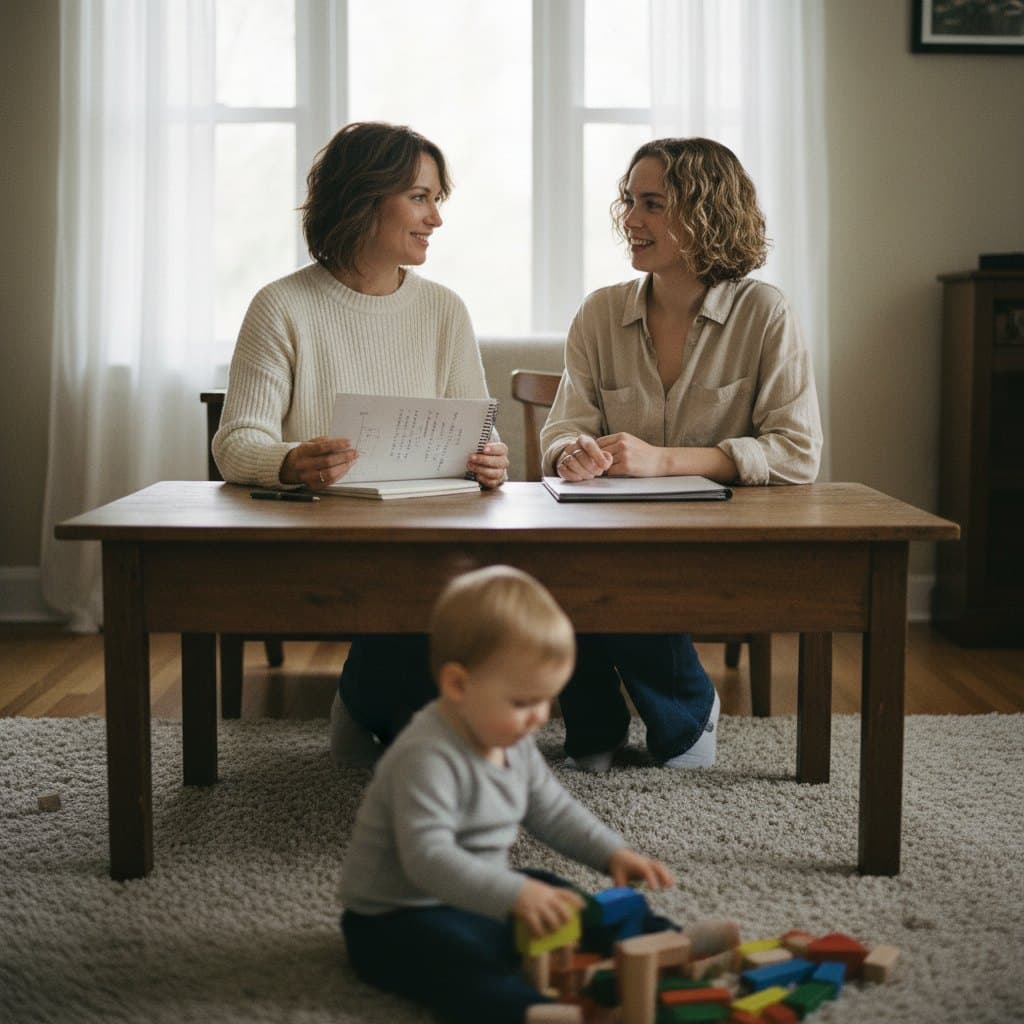 A mother interviewing a nanny candidate at her living room table while her toddler plays nearby