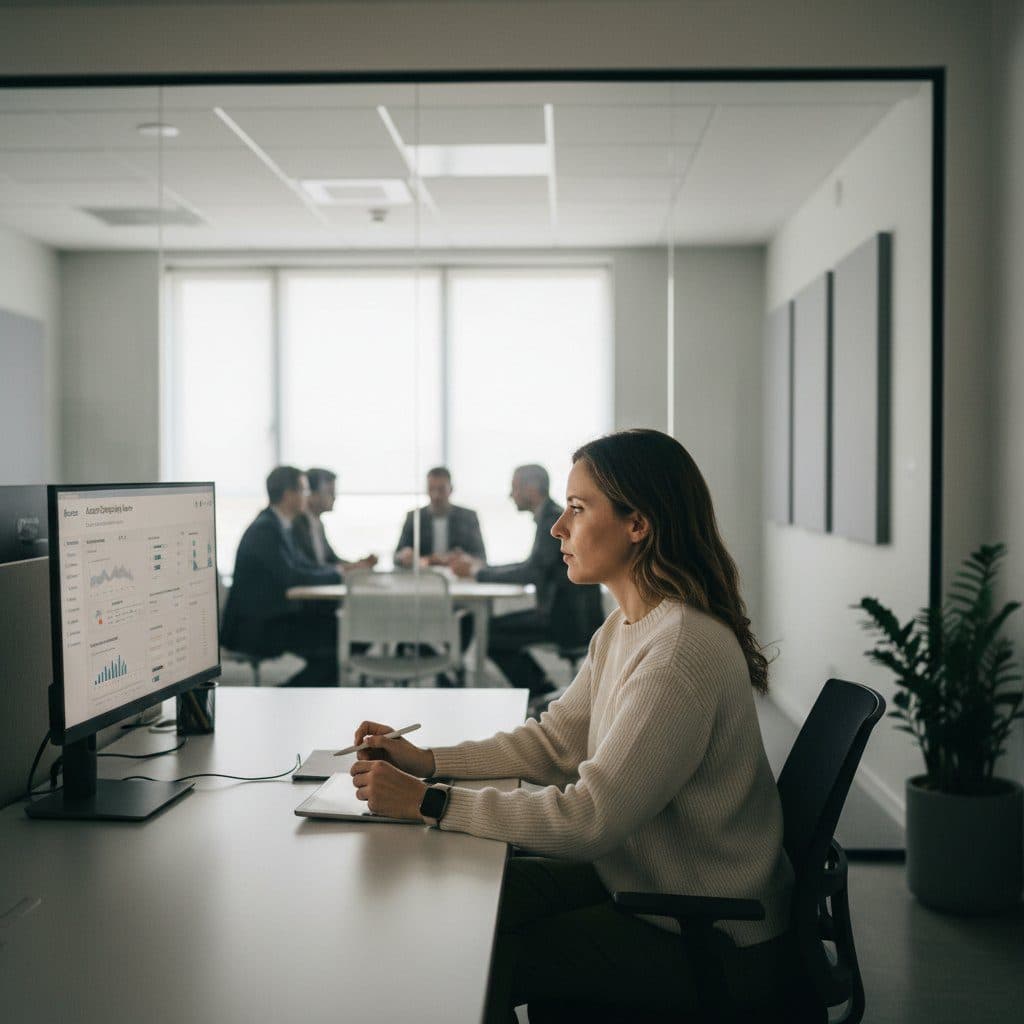 Fintech compliance analyst reviewing an account onboarding case on a monitor