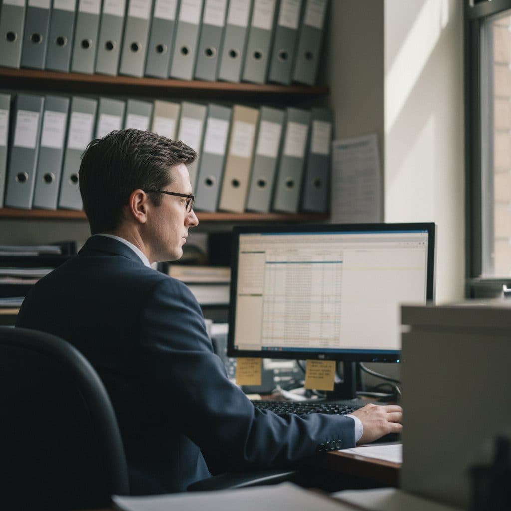 Public sector researcher reviewing data tables at a government office desk
