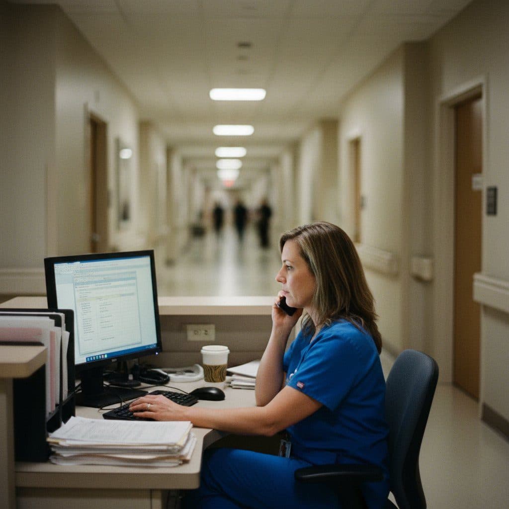 Hospital case manager at a discharge planning desk on a phone call with a referral on screen