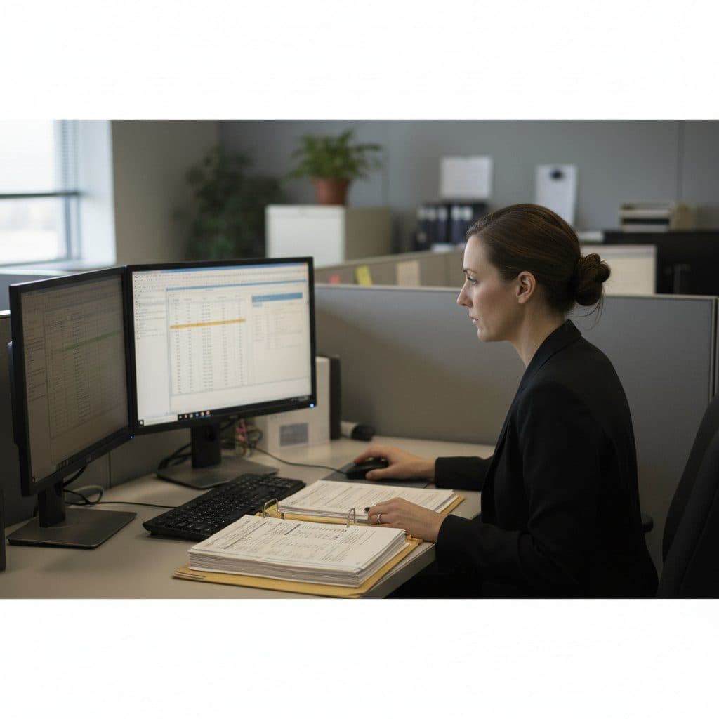 Insurance underwriter reviewing a policy file on two monitors