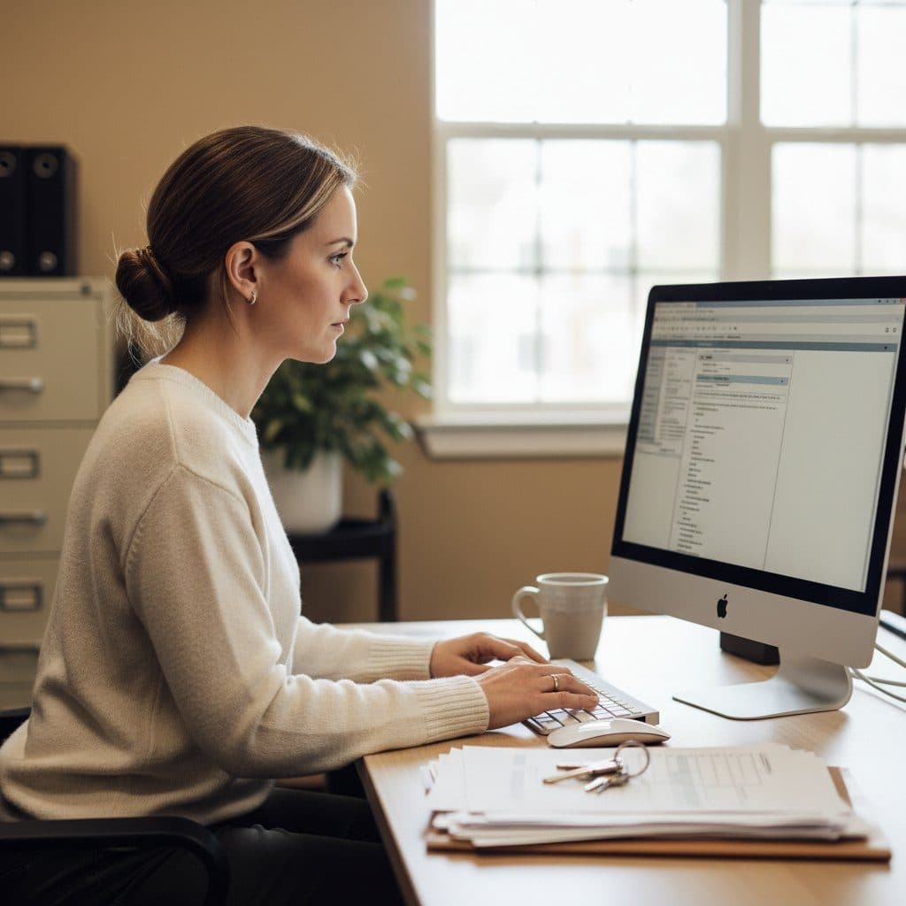 Property manager in a leasing office reviewing a rental application on a computer