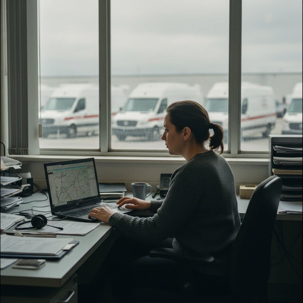 Dispatcher at a delivery depot office working at a laptop, vans outside the window