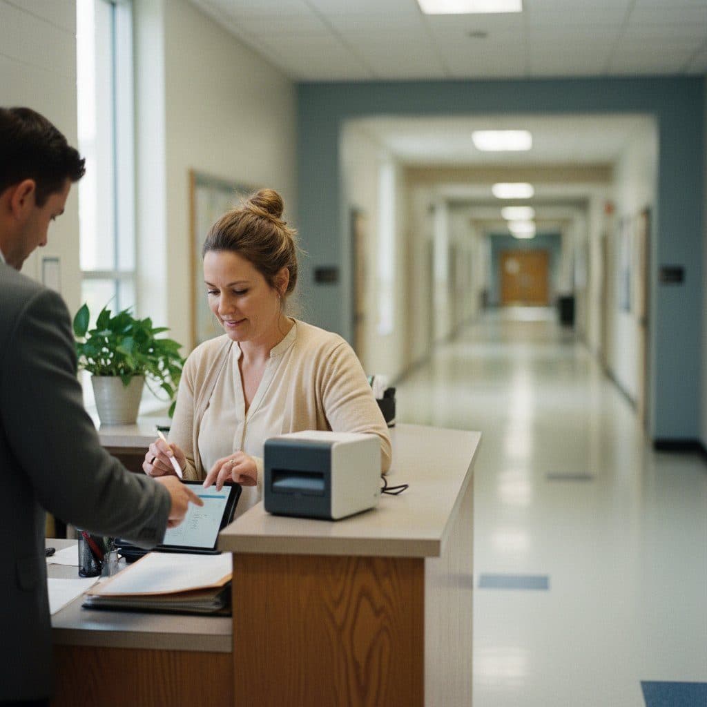 School front office secretary checking in a visitor with a tablet and badge printer