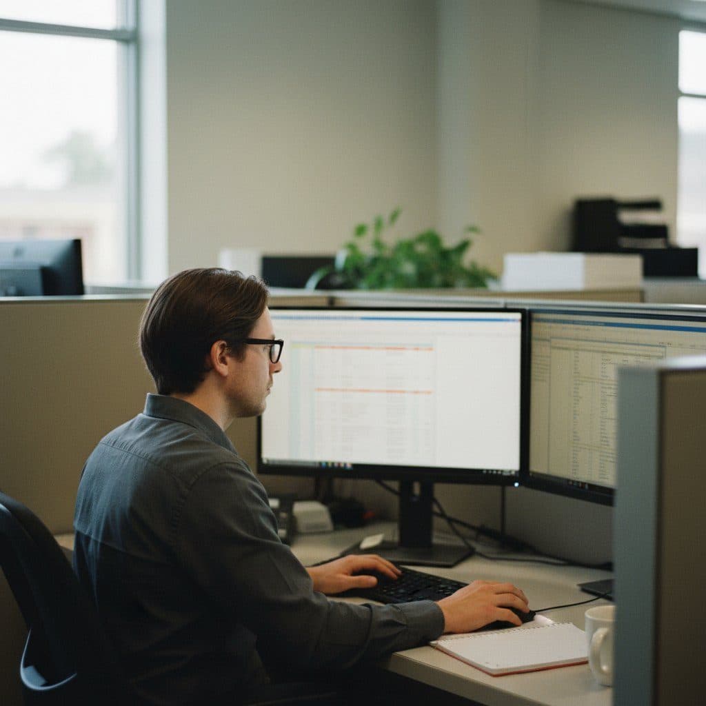 Background screening operations specialist reviewing an order queue on two monitors
