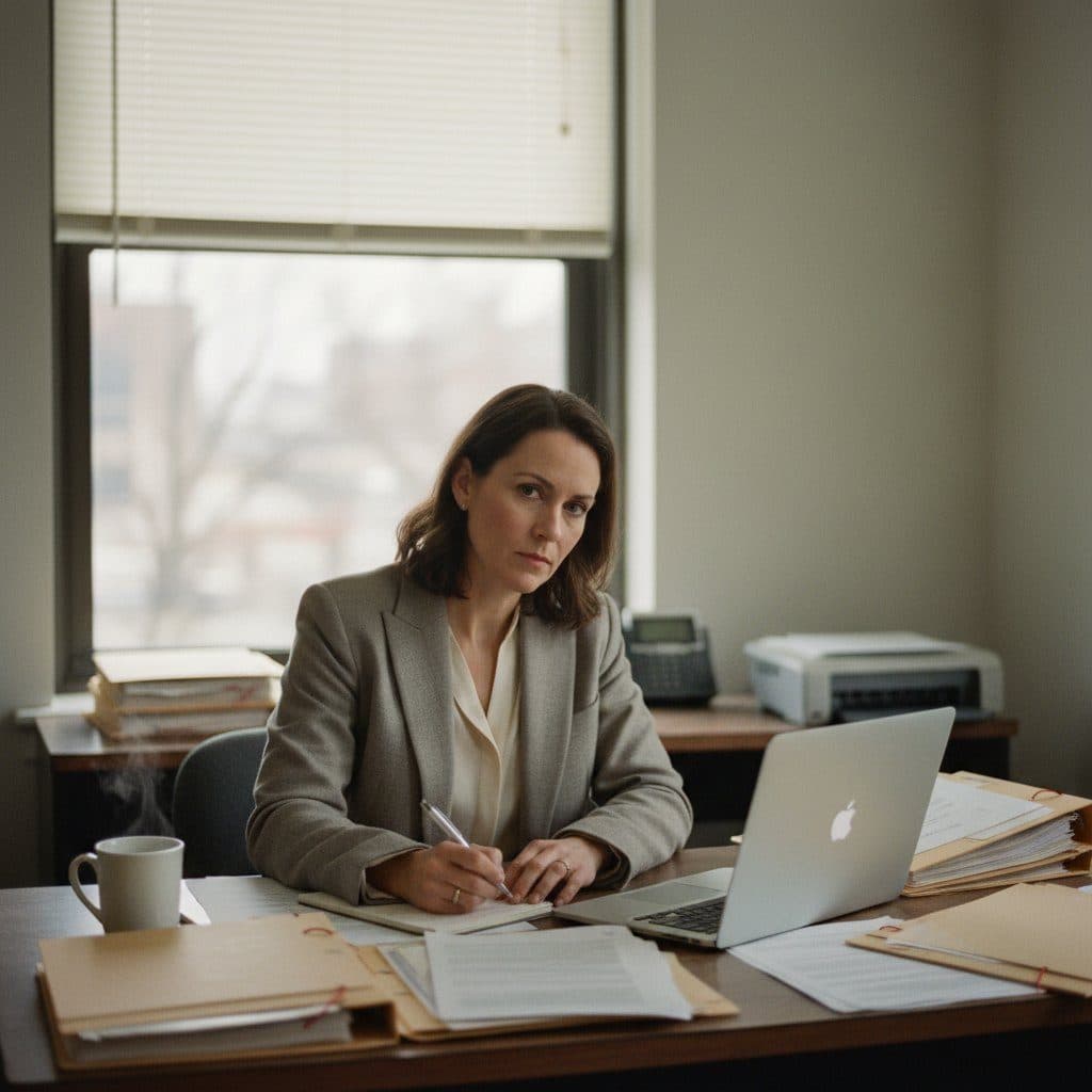 Private investigator at a desk with case folders and a laptop