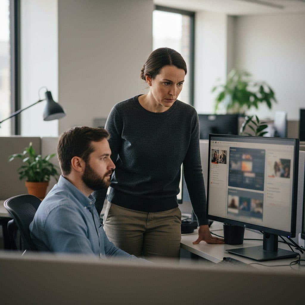 Content safety team lead reviewing a moderation dashboard with a colleague