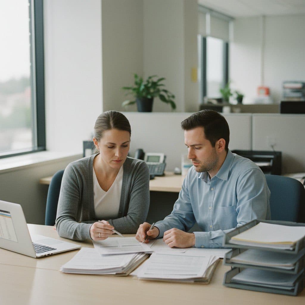 Hiring coordinator at a staffing agency on a desk phone while reviewing a laptop
