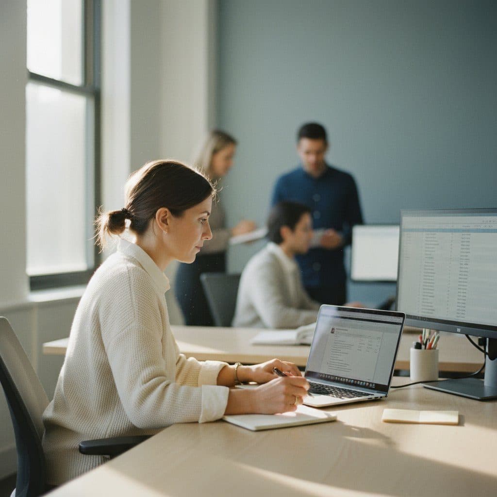 Recruiter at a staffing agency desk reviewing a candidate file on a laptop