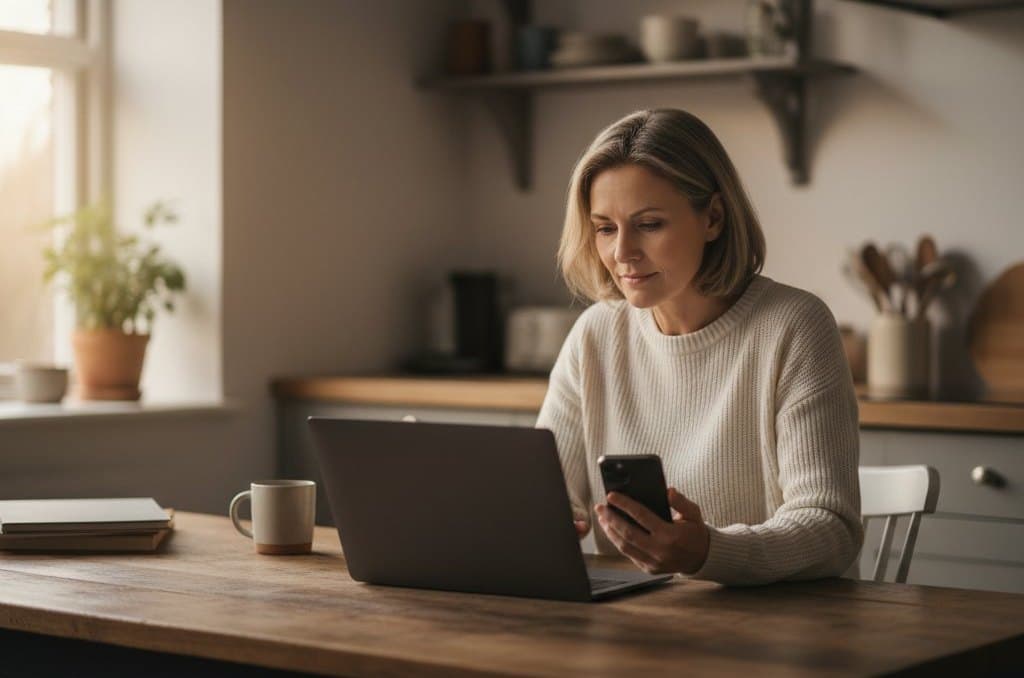 A woman at her kitchen table with a laptop and phone, looking up where a relative is being held