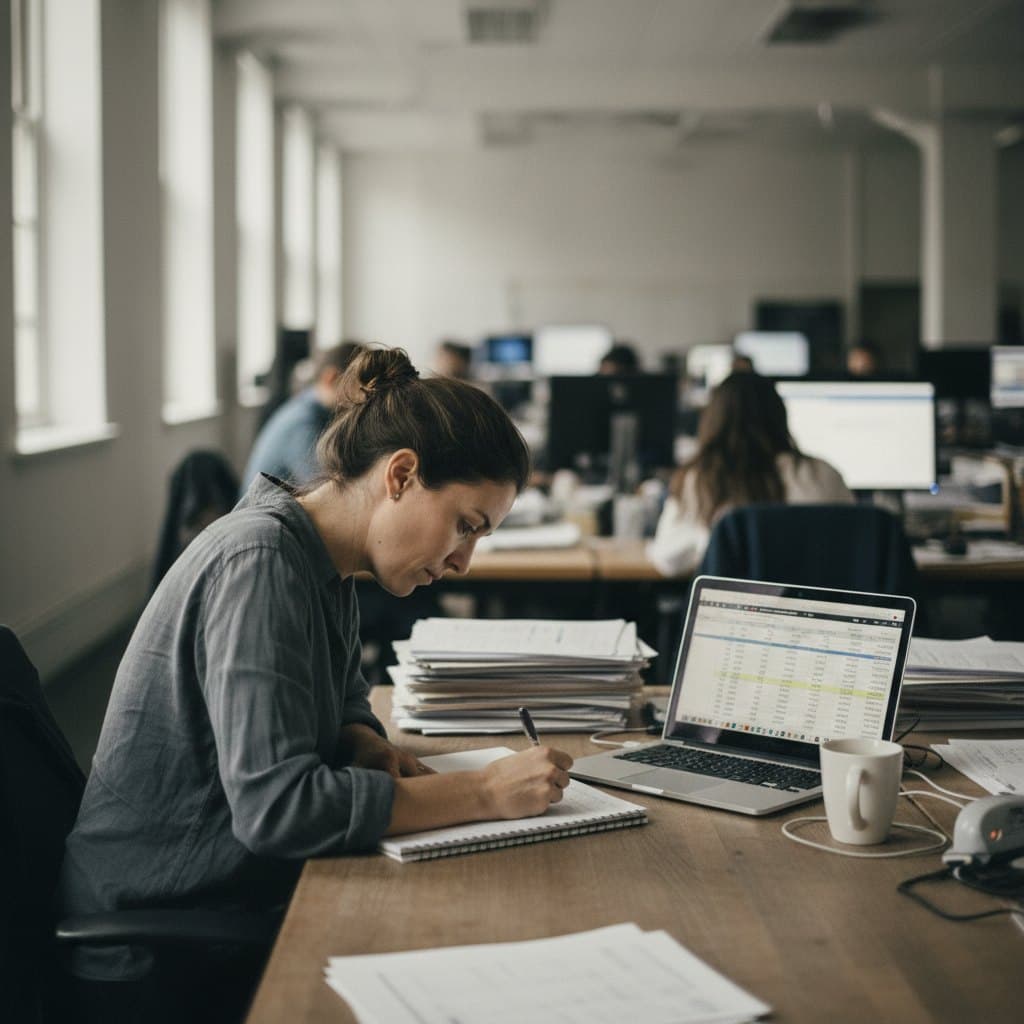 Reporter at a newsroom data desk checking registry figures on a laptop before filing a story