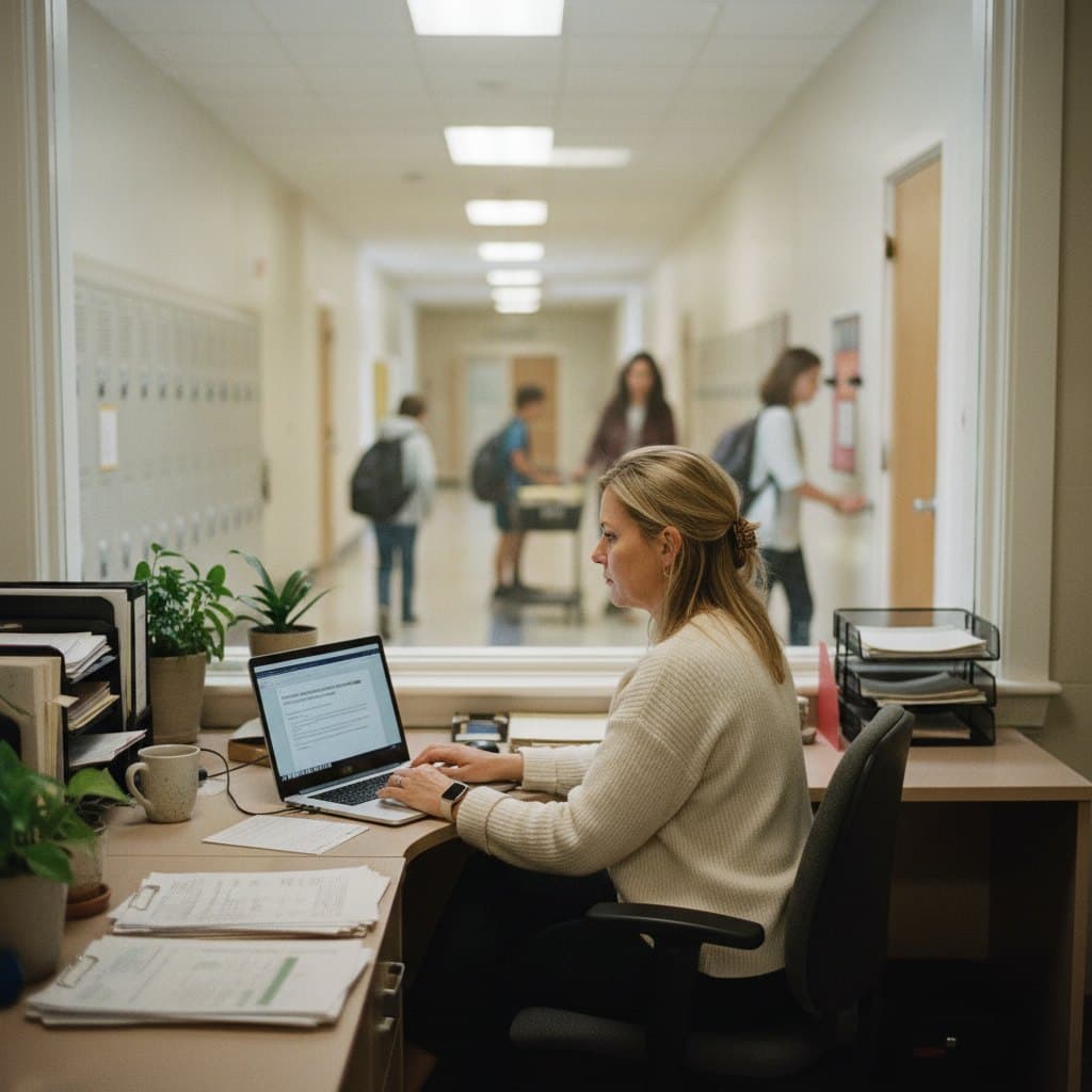 School front office staff checking in a visitor at the reception window