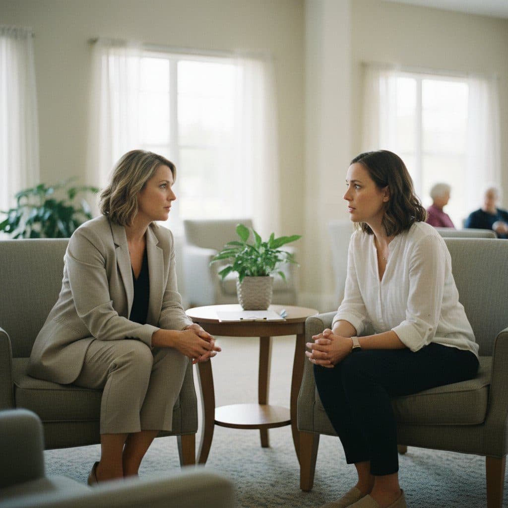 Assisted living director talking with a resident’s daughter in a bright lobby