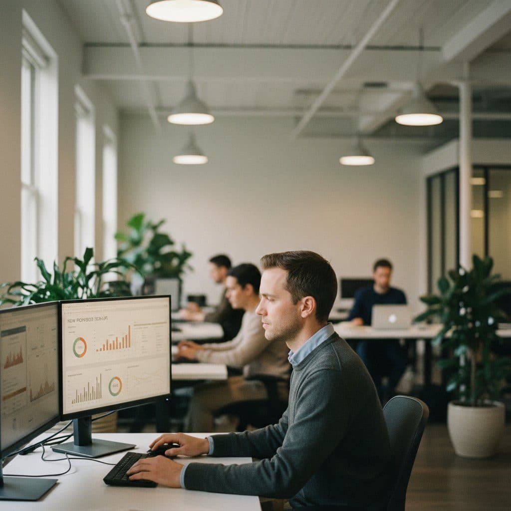 Marketplace operations analyst reviewing new provider sign-ups on two monitors