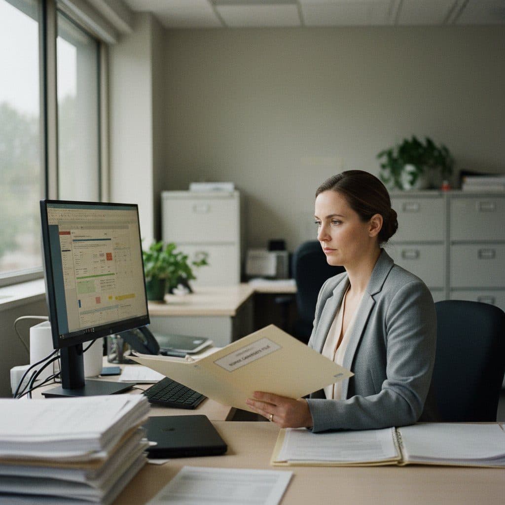 Hospital HR credentialing specialist reviewing a nurse candidate’s file at her desk