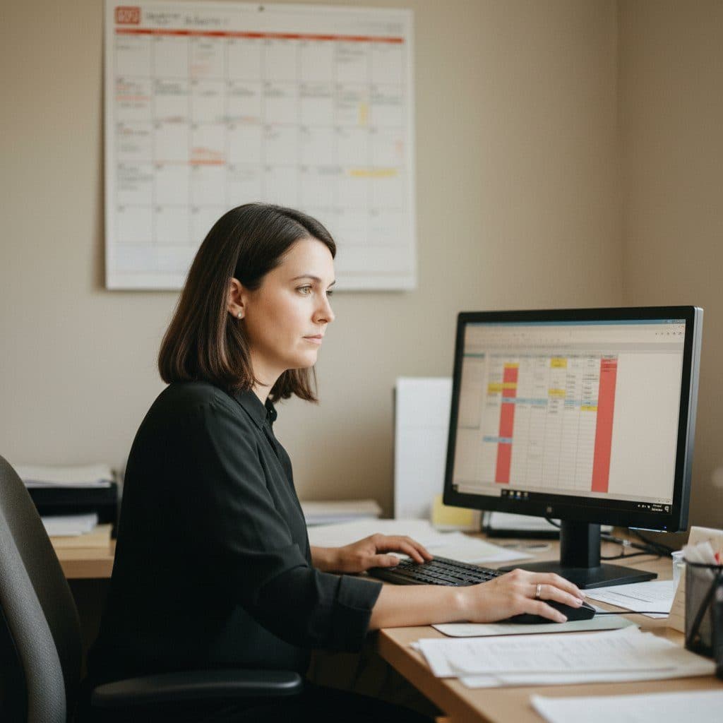 Home health agency scheduler planning caregiver visits on a computer
