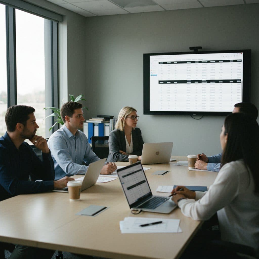 Screening operations team reviewing a table of results on a wall display
