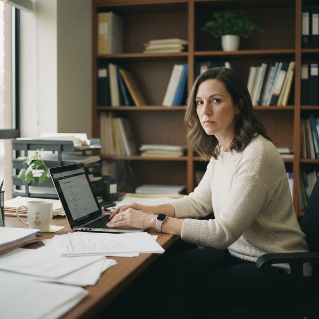 School district HR specialist reviewing a teacher applicant file on a laptop