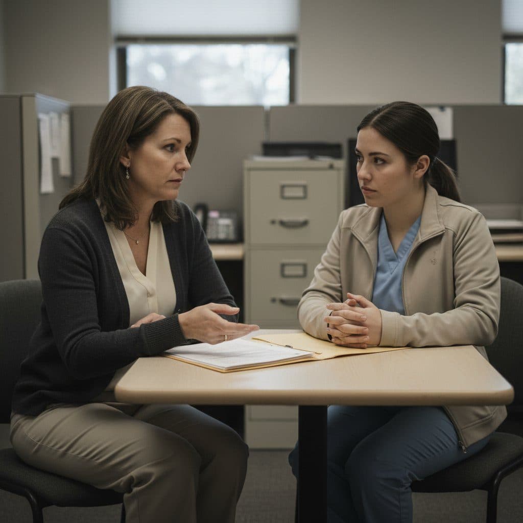 Nursing home HR manager meeting a nursing assistant applicant across a small office table