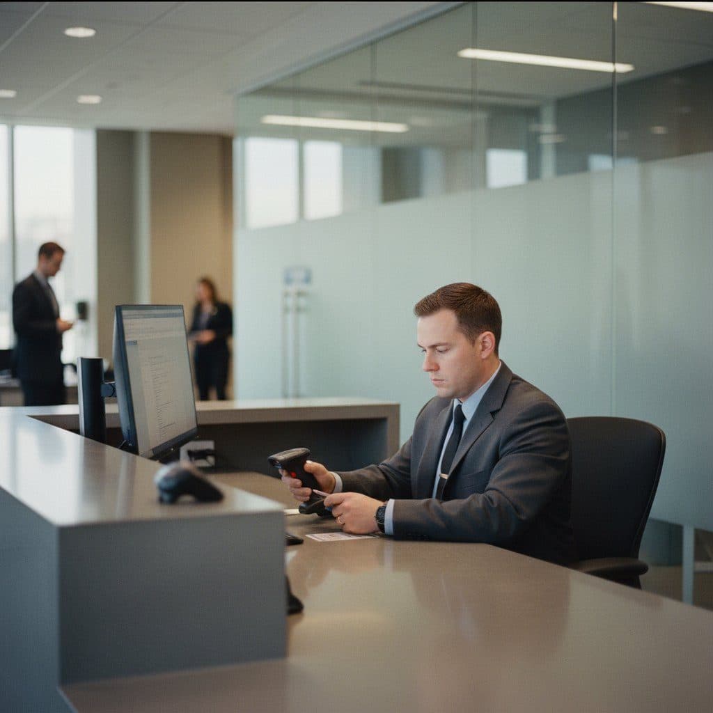 Lobby security officer scanning a visitor’s driver’s license at a front desk
